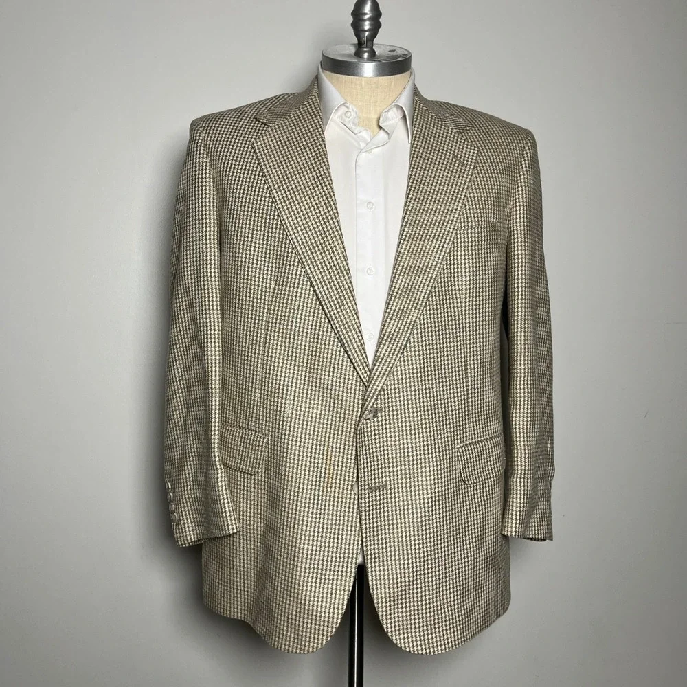 Corbin‎ Ltd Sport Coat Mens 46R Tan Brown Houndstooth Wool Vintage Blazer USA